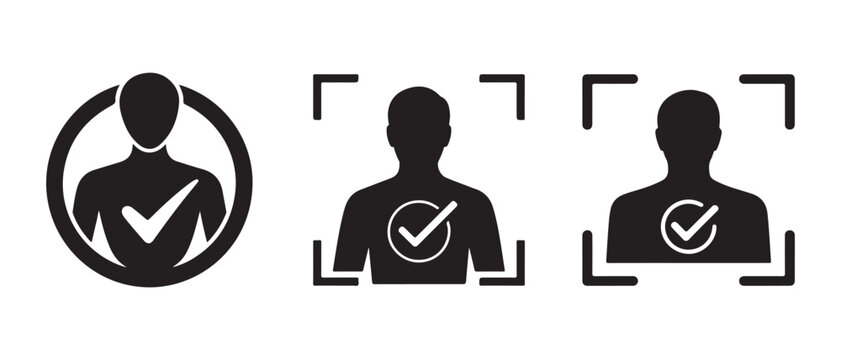 Black silhouette user icons with check mark symbol for identity verification and biometric scanning set.