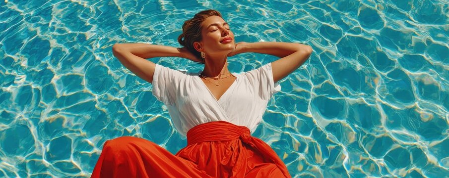 Woman floating relaxed in a sunlit pool wearing a white blouse and red skirt