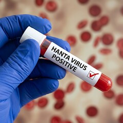 Obraz premium Gloved hand holding Hanta Virus Positive blood test tube with red liquid and white label