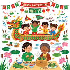 Fototapeta premium Vibrant, joyous celebration of the Dragon Boat Festival features children joyfully participating in a race on a colorful dragon boat, while others prepare traditional rice dumplings, surrounded