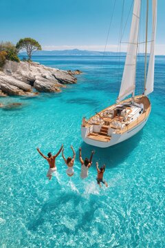 Friends jumping off their sailboat into crystal clear turquoise water on a sunny summer day