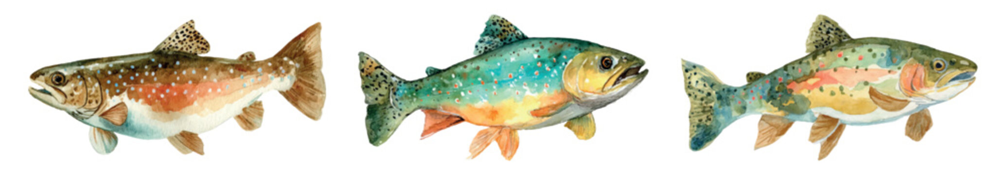 Freshwater fish species collection with brown trout, brook trout, and rainbow trout, showing diverse watercolor artwork for fishing, wildlife, and nature themes