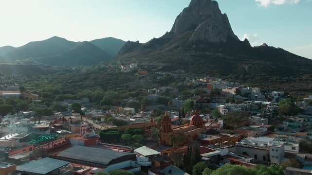 Pena de Bernal monolith and San Sebastian Bernal village in Mexico in aerial view