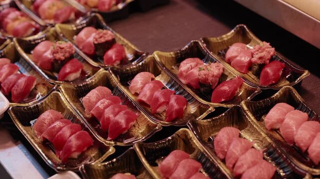 Takeaway trays filled with assorted fresh tuna and otoro nigiri sushi at Japanese fish market