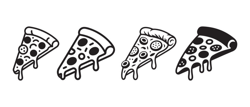 Set of four hand drawn pizza slices with melted cheese and pepperoni toppings in doodle style.