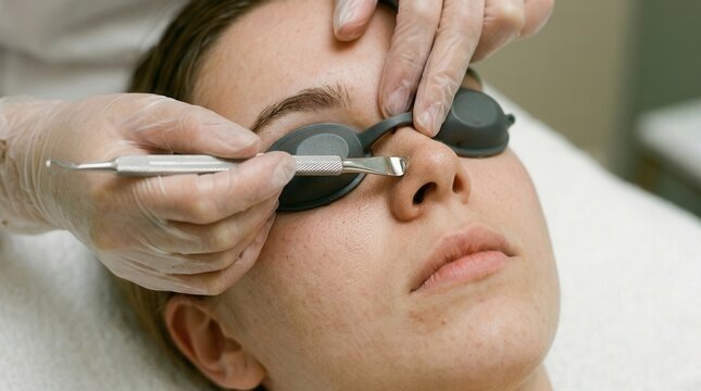 Close-up of a professional facial extraction procedure on a woman's nose at a dermatology clinic, using a specialized tool to remove blackheads and clear pores.