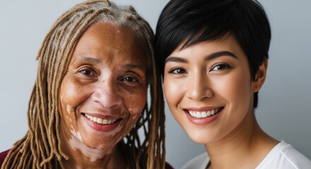 Fototapeta premium Two smiling women with different hairstyles and skin tones posing together