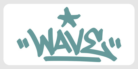 Teal wave graffiti tag lettering with sharp star accent element. Creative coastal typography design for modern surfer clothing layouts, beach merchandise, and street art stickers. © dirtyfellas