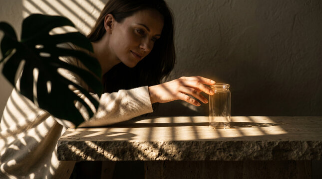 An atmospheric wide photograph of a woman reaching toward a borosilicate glass vial on a travertine bench, cut by sharp linear window blin