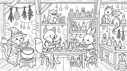 Obraz premium Whimsical magic laboratory coloring page, cute animals brewing potions in a wizard workshop, fantasy alchemy scene with cat and fox, black and white vector