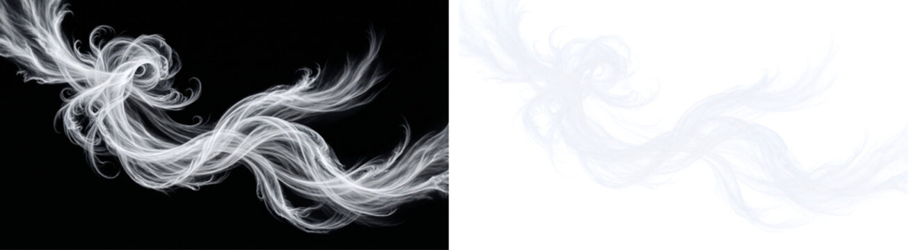 Twisted white smoke trail alpha channel transparent background isolated ethereal vapor swirl magic mist effect wispy atmospheric flow curved smoke line decorative graphic design element high
