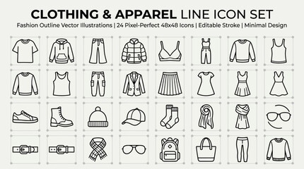 Fototapeta premium Flat line icon set of clothing and apparel items for fashion design and retail display