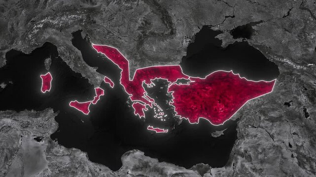Byzantine Empire Map Animation. Documentary, glowing outline, Dark map animation of the Byzantine Empire. 4k.