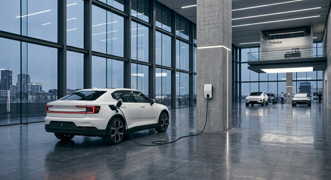 White Electric Car Charging at Wallbox Station inside Modern Showroom, Luxury EV Sedan Plugged into Charger in Contemporary Industrial Office or Dealership with Large Windows and City View