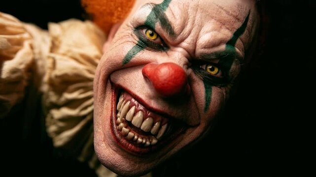 Terrifying clown with sharp teeth and glowing eyes looms menacingly in the dark