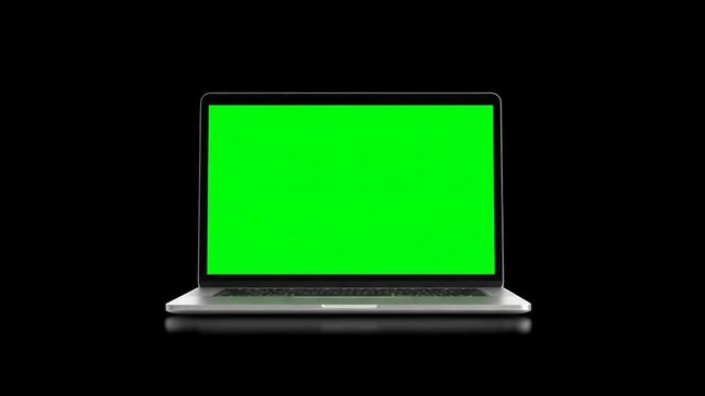 Sleek silver laptop opens to white then green screen, tracking markers on black, and black rectangle on white, rendered for clean digital mock-ups.