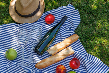 Obraz premium Picnic with wine, fruits, and baguette on a green meadow