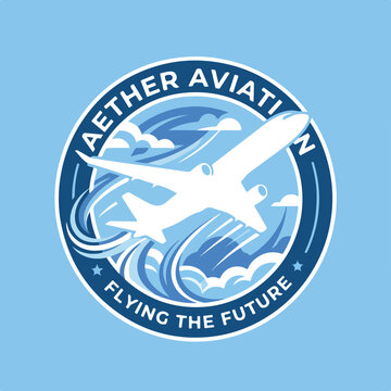 Aether Aviation circular logo design with stylized airplane and text.