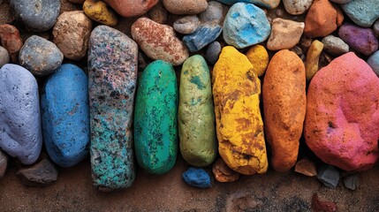 Obraz premium A vibrant display of colorful painted rocks arranged on a sandy surface
