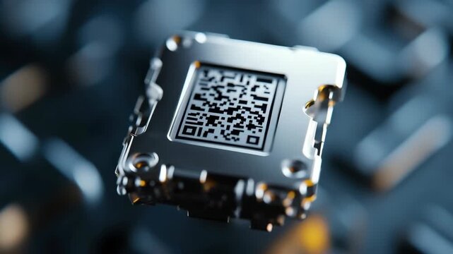 A metallic chip floats in the air, displaying a QR code. Different angles are shown to highlight its design. The background features various digital elements and shapes
