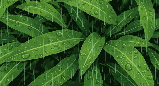 Detailed vector graphic of tropical green foliage featuring large wet leaves with dew drops and vertical rain streaks over a dark background in a dense rainforest environment.