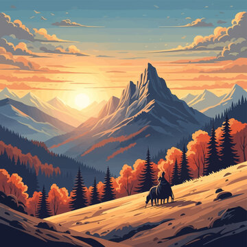 Vector landscape illustration of a sunset over a mountain range in autumn, featuring orange fall foliage, pine forests, and a silhouette of a bison grazing on a rocky slope.