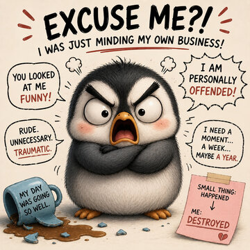 Comical Angry Penguin Cartoon Expressing Frustration with Overturned Coffee Mug in Humorous Speech Balloons