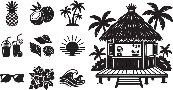 Tropical Vacation Icons and Beach Hut Illustration Set