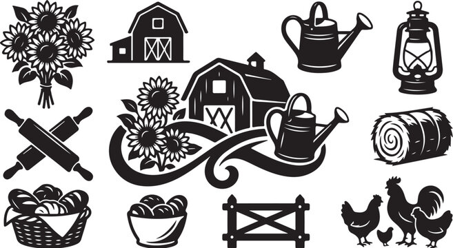 Farm and gardening icons in black and white style