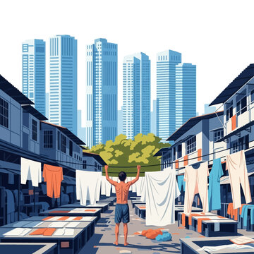 Vector illustration of Dhobi Ghat open-air laundry in Mumbai, India, featuring a worker hanging clothes against a backdrop of modern urban skyscrapers and city skyline.