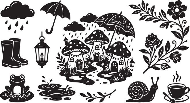 Whimsical black and white illustration of rainy day scene