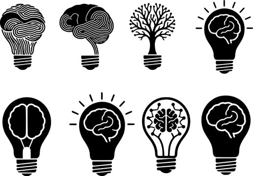 Collection of creative brain light bulb and tree illustrations for innovation and idea generation concepts.
