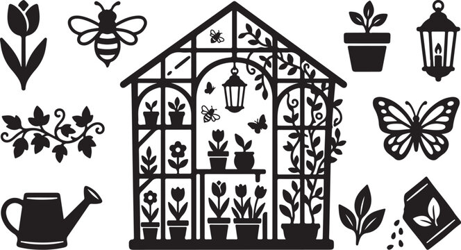 Black and white illustration of a greenhouse and garden