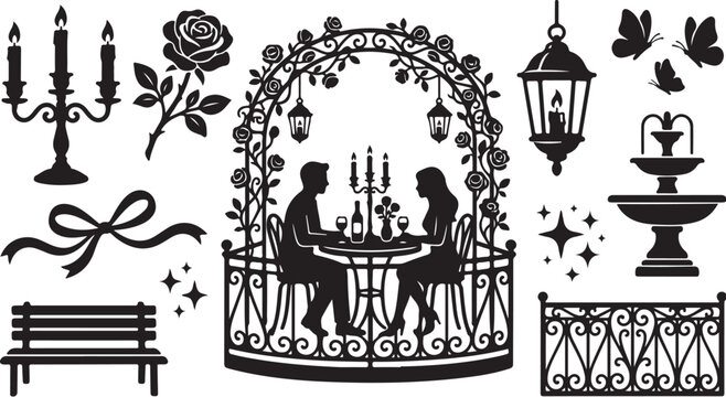 Romantic Silhouette of Lovers on a Garden Patio Date