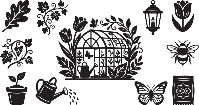 Black and white garden icons with greenhouse and plants
