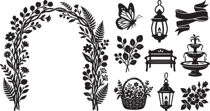 Black and white garden floral vector illustration elements set