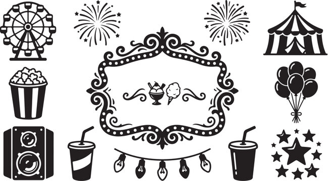 Black and white carnival icons and decorations set