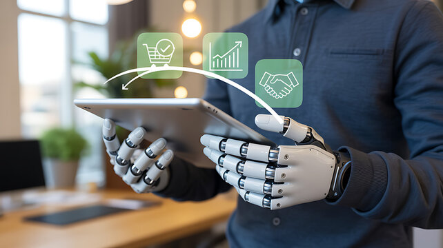 Humanoid robot holding tablet with digital icons representing business communication data analysis and modern technology concept