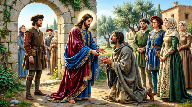 Jesus gently restores sight to a blind man in Bethsaida through his divine and merciful touch.