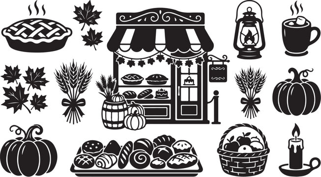 Autumn bakery store illustration with seasonal icons and treats