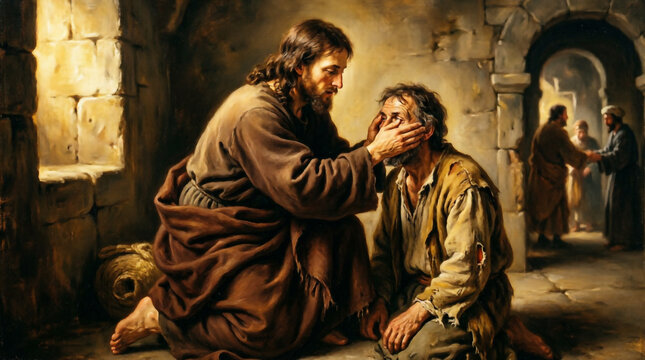Jesus gently restores sight to a blind man in Bethsaida through his divine and merciful touch.
