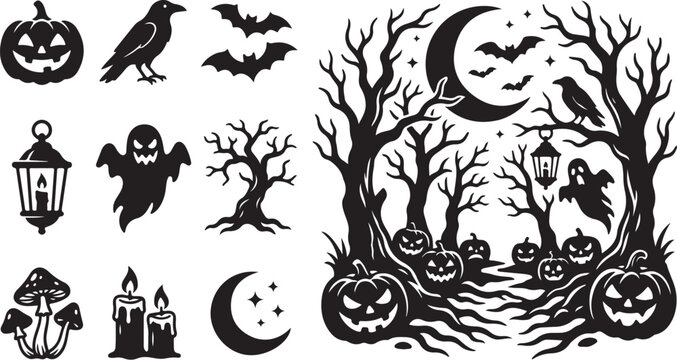 Halloween icons and symbols in black and white