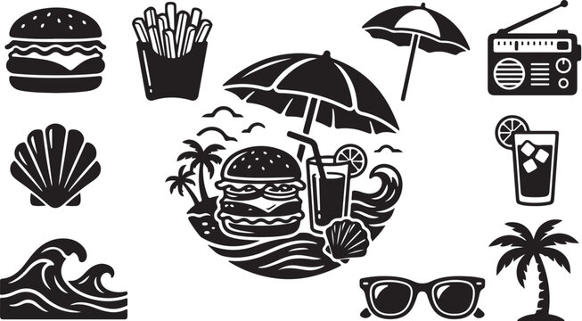 Summer beach food and drink icons in black