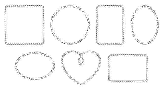 Set of rope frames on white background. Different frames made from marine ropes. Rope borders in nautical style.