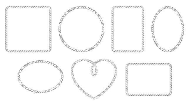 Set of rope frames on white background. Different frames made from marine ropes. Rope borders in nautical style.