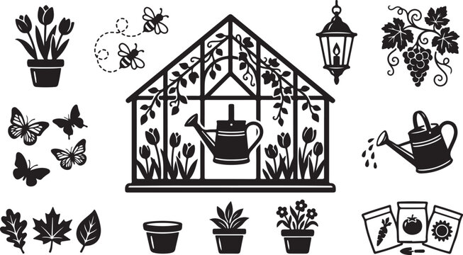 Gardening icons and greenhouse illustrations with plants and tools