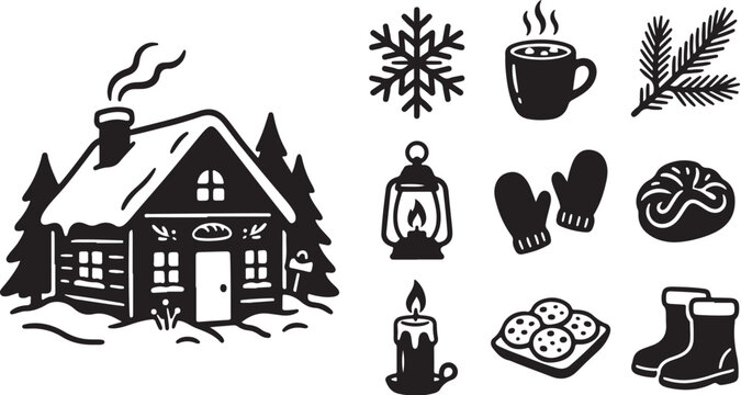 Winter Holiday Icons and Snowy Cozy House Illustration Set