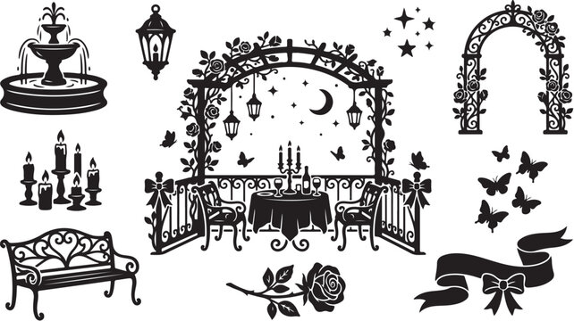 Romantic garden decor elements and furniture illustrations
