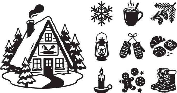 Cozy Winter Scene with House and Snowflakes Icons Set