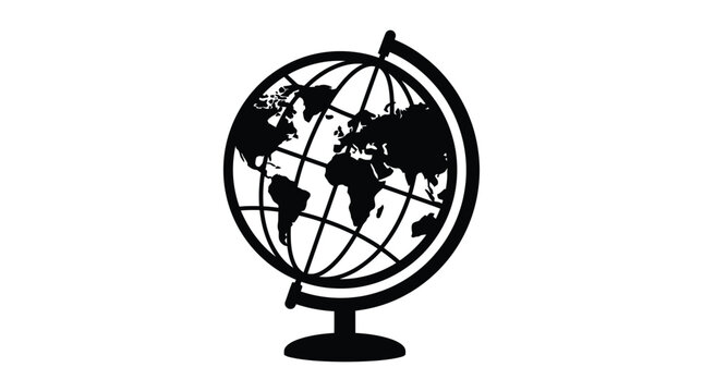Black globe with continental landmasses and meridian lines isolated silhouette